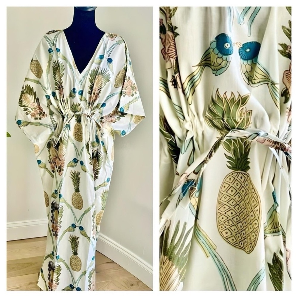 NEW Hand Block Printed Indian Cotton Kaftan Beach Coverup Nightgown Maxi Dress - Picture 10 of 10